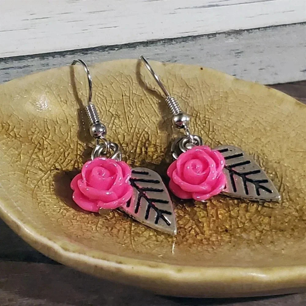 Deep Pink Antique Silver Leaf Lucite Rose Dangle Earrings